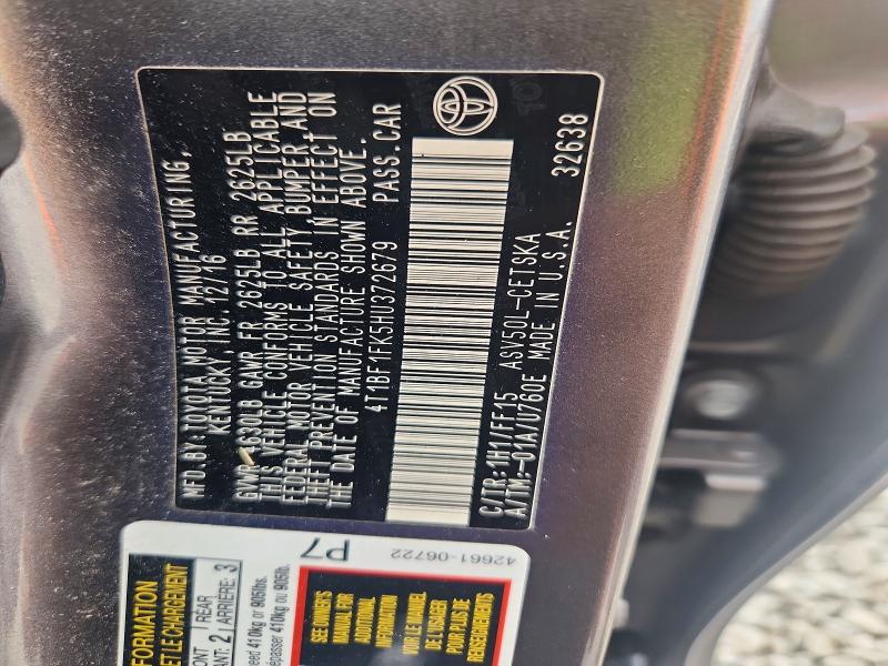 64681866 :رقم المزاد ، 4T1BF1FK5HU372679 vin ، 2017 Toyota Camry مزاد بيع