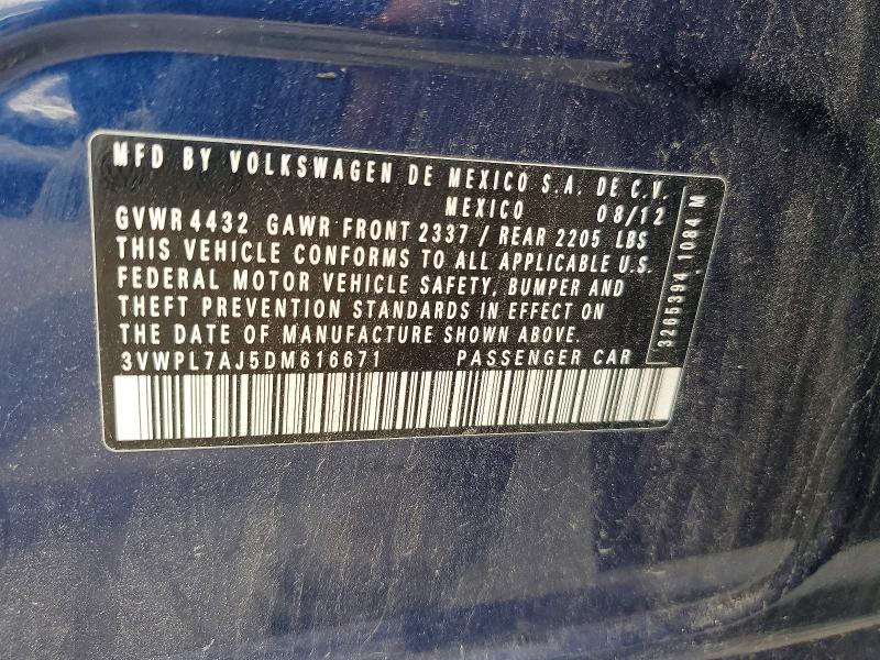 2013 Volkswagen Jetta მანქანა იყიდება აუქციონზე, vin: 3VWPL7AJ5DM616671, აუქციონის ნომერი: 64478756