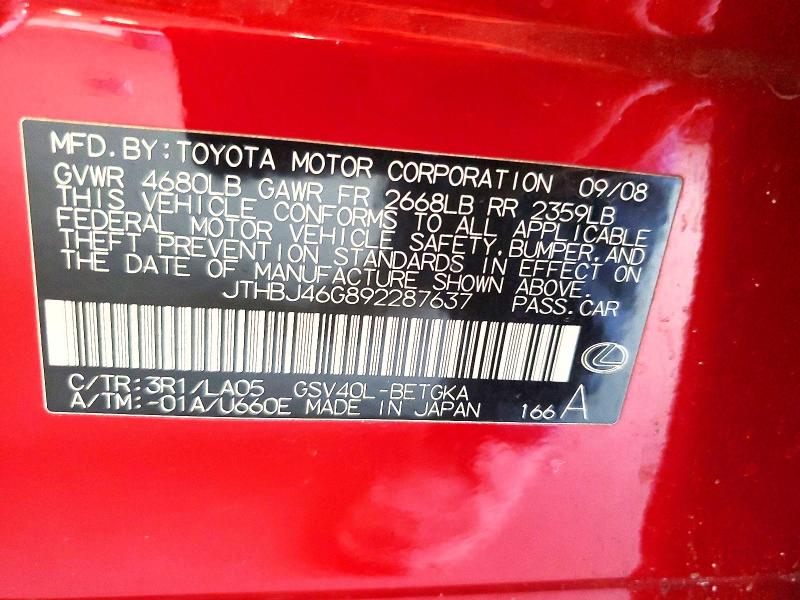 Aukcja sprzedaży 2009 Lexus Es, vin: JTHBJ46G892287637, numer aukcji: 64815636