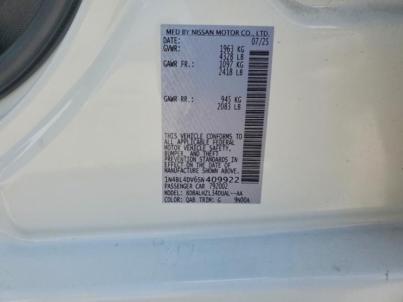 2025 Nissan Altima მანქანა იყიდება აუქციონზე, vin: 1N4BL4DV6SN409922, აუქციონის ნომერი: 64773206