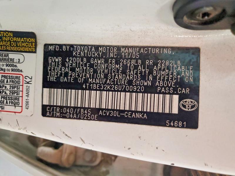 Продаж на аукціоні авто 2006 Toyota Camry, vin: 4T1BE32K26U700920, номер лоту: 65588806