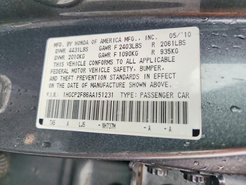 Aukcja sprzedaży 2010 Honda Accord, vin: 1HGCP2F86AA151231, numer aukcji: 62271886