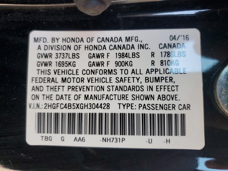 Продаж на аукціоні авто 2016 Honda Civic, vin: 2HGFC4B5XGH304428, номер лоту: 64978896