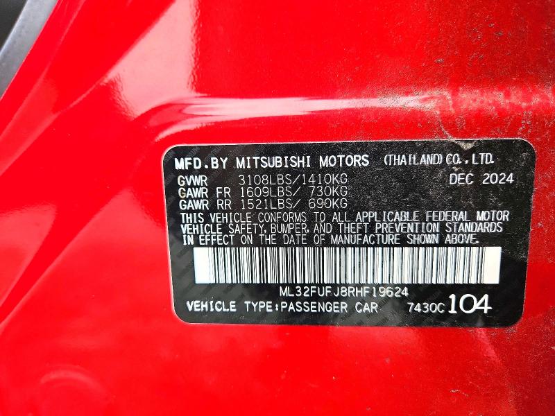 63909396 :رقم المزاد ، ML32FUFJ8RHF19624 vin ، 2024 Mitsubishi Mirage مزاد بيع