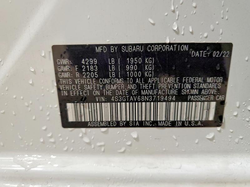 65872876 :رقم المزاد ، 4S3GTAV68N3719494 vin ، 2022 Subaru Impreza مزاد بيع