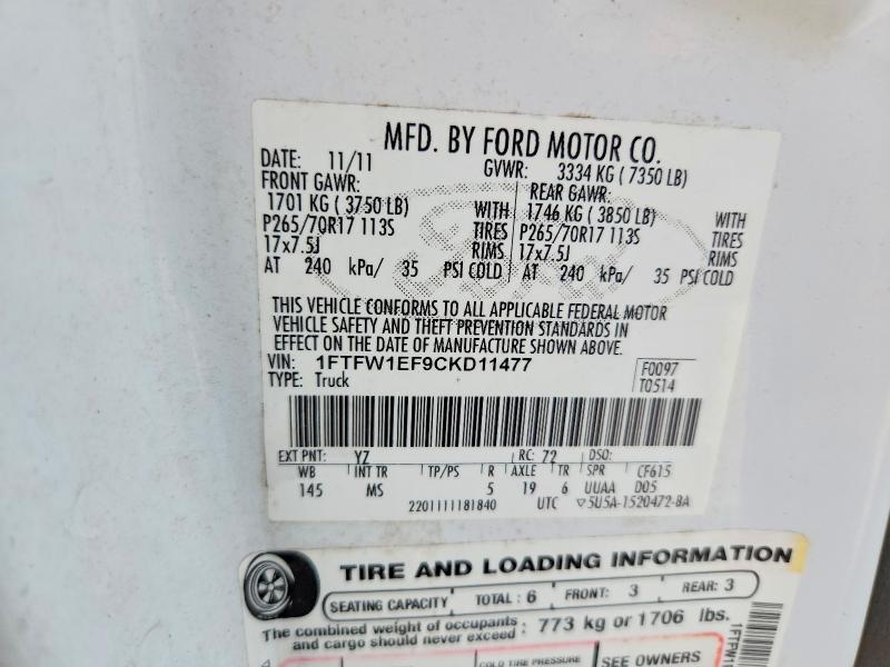 Aukcja sprzedaży 2012 Ford F150, vin: 1FTFW1EF9CKD11477, numer aukcji: 65263566