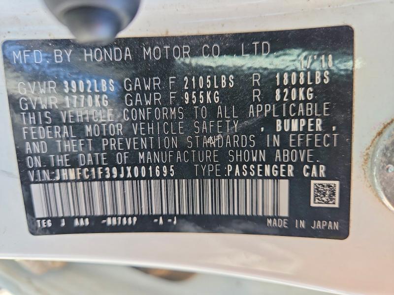 66118116 :رقم المزاد ، JHMFC1F39JX001695 vin ، 2018 Honda Civic مزاد بيع