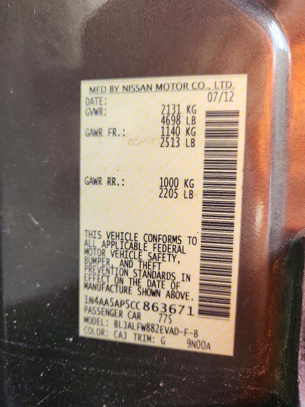 66173356 :رقم المزاد ، 1N4AA5AP5CC863671 vin ، 2012 Nissan Maxima 3.5 مزاد بيع