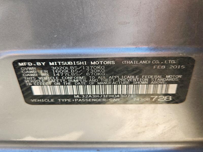 2015 Mitsubishi Mirage მანქანა იყიდება აუქციონზე, vin: ML32A3HJ3FH043071, აუქციონის ნომერი: 63609096