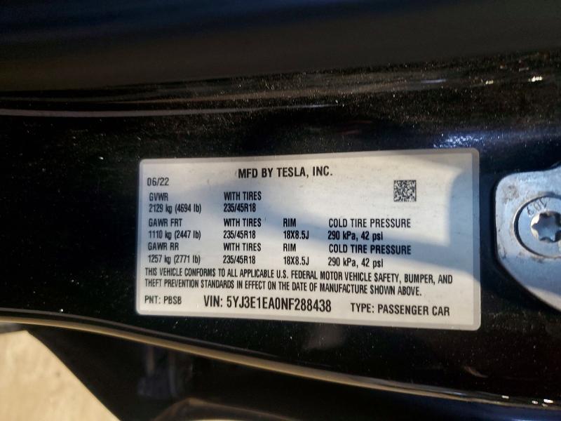 2022 Tesla Model 3 მანქანა იყიდება აუქციონზე, vin: 5YJ3E1EA0NF288438, აუქციონის ნომერი: 64003626