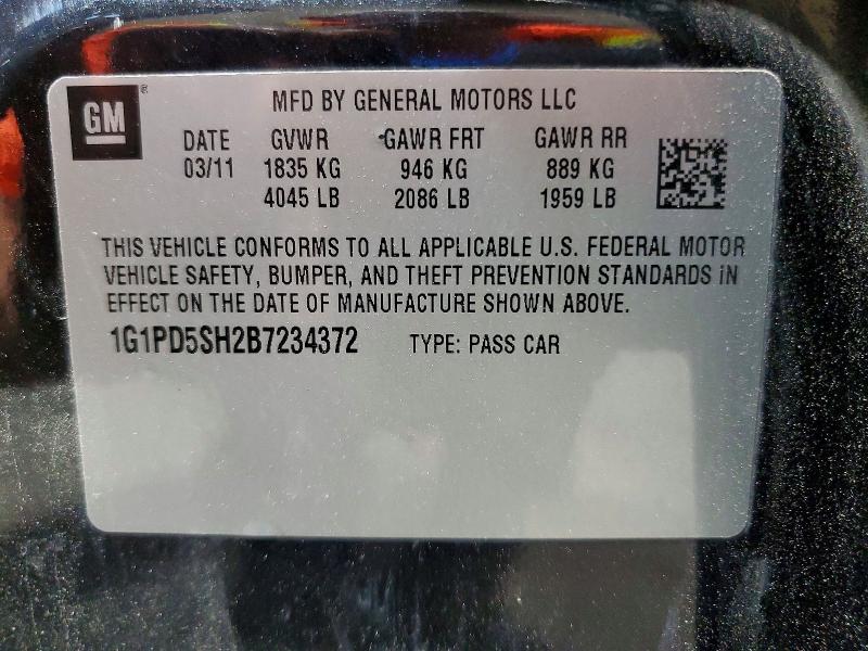 Aukcja sprzedaży 2011 Chevrolet Cruze, vin: 1G1PD5SH2B7234372, numer aukcji: 62769546