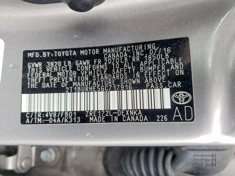 2016 Toyota Corolla მანქანა იყიდება აუქციონზე, vin: 2T1BURHE5GC717916, აუქციონის ნომერი: 64259246