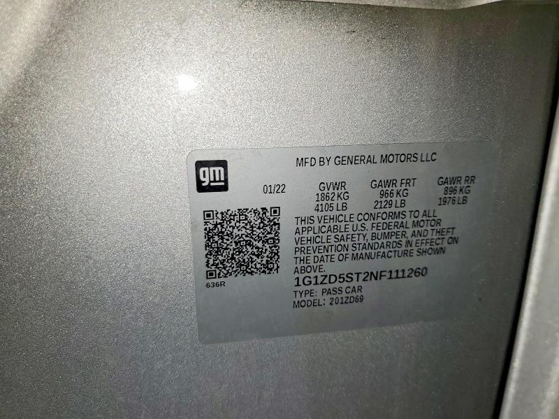 63692096 :رقم المزاد ، 1G1ZD5ST2NF111260 vin ، 2022 Chevrolet Malibu مزاد بيع