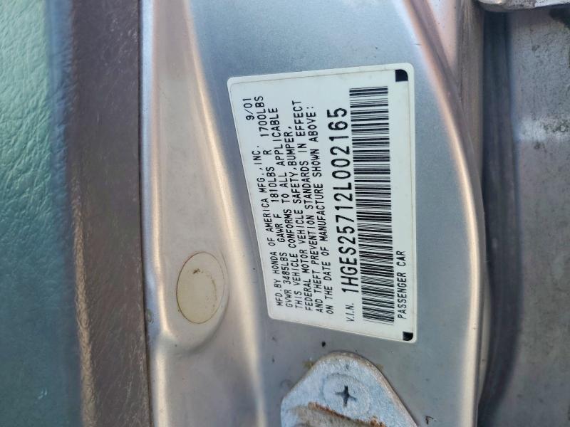 63705946 :رقم المزاد ، 1HGES25712L002165 vin ، 2002 Honda Civic مزاد بيع
