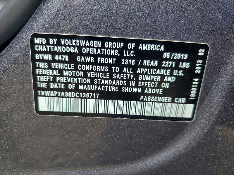 Продаж на аукціоні авто 2013 Volkswagen Passat, vin: 1VWAP7A36DC136717, номер лоту: 64770906