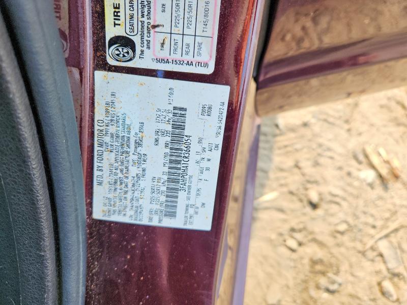 63531186 :رقم المزاد ، 3FAHP0HA1CR366054 vin ، 2012 Ford Fusion مزاد بيع