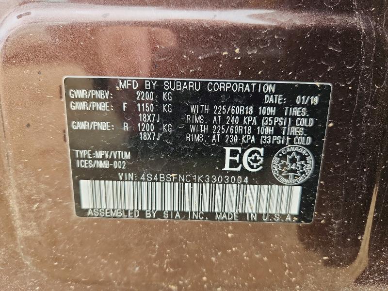 Aukcja sprzedaży 2019 Subaru Outback, vin: 4S4BSFNC1K3303004, numer aukcji: 63742316
