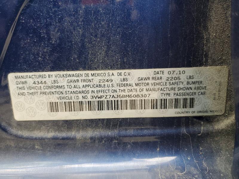 2011 Volkswagen Jetta მანქანა იყიდება აუქციონზე, vin: 3VWPZ7AJ5BM608307, აუქციონის ნომერი: 65319576