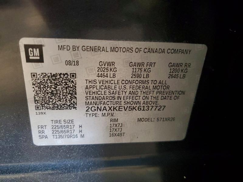 Продаж на аукціоні авто 2019 Chevrolet Equinox, vin: 2GNAXKEV5K6137727, номер лоту: 63846166