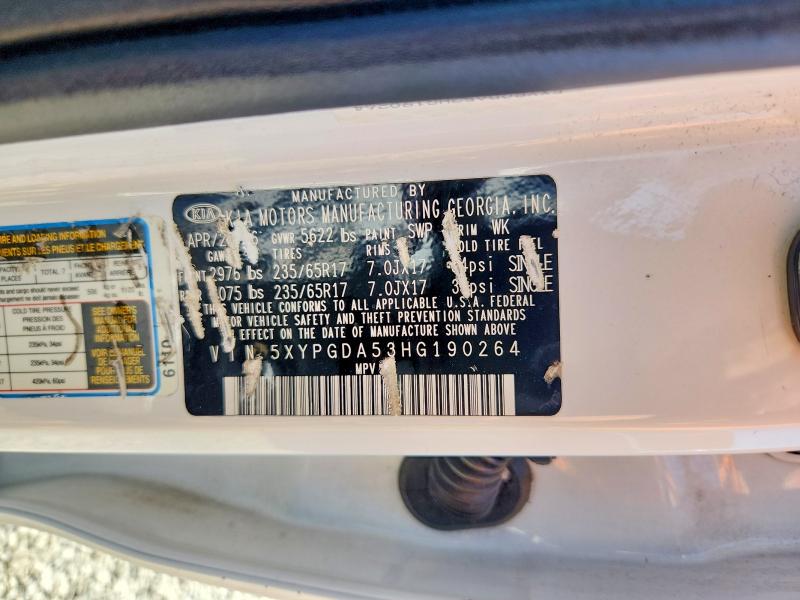 2017 Kia Sorento მანქანა იყიდება აუქციონზე, vin: 5XYPGDA53HG190264, აუქციონის ნომერი: 65927886