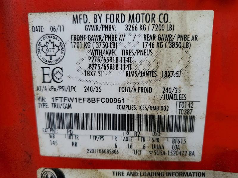 64761006 :رقم المزاد ، 1FTFW1EF8BFC00961 vin ، 2011 Ford F150 مزاد بيع