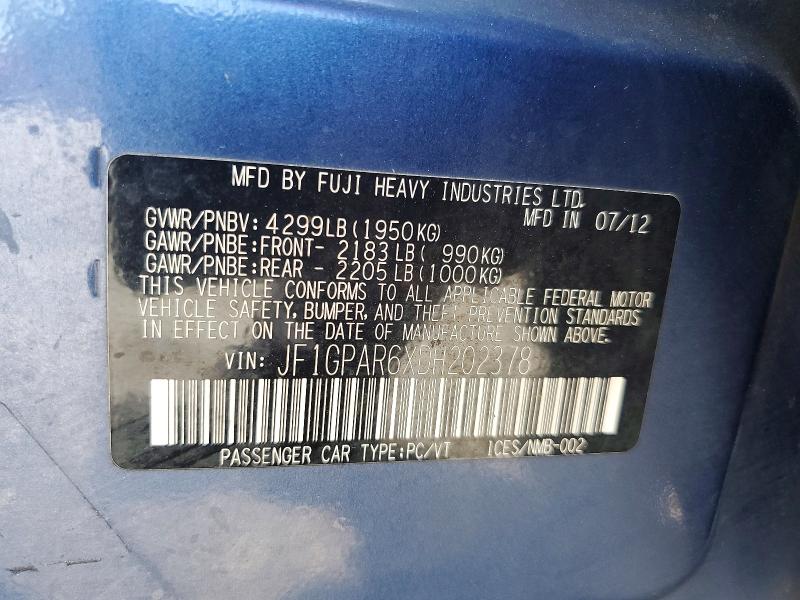 2013 Subaru Impreza მანქანა იყიდება აუქციონზე, vin: JF1GPAR6XDH202378, აუქციონის ნომერი: 66234636