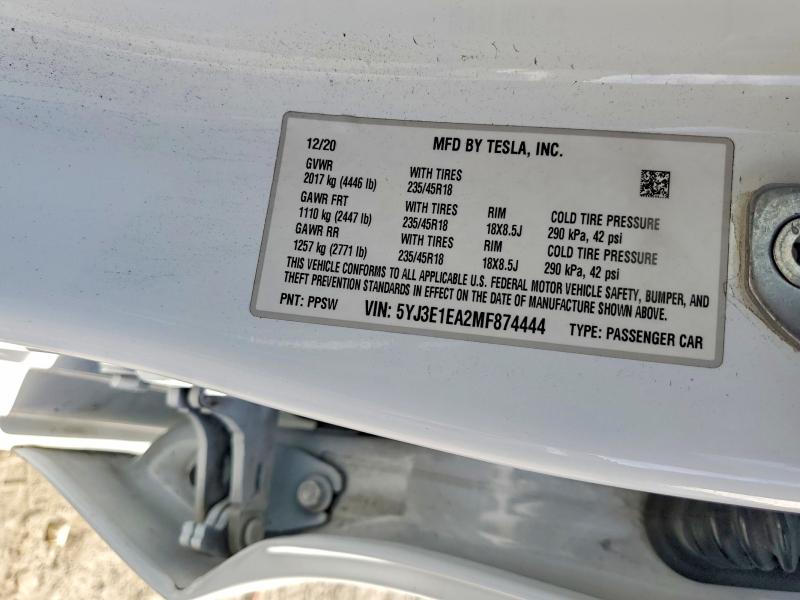 Aukcja sprzedaży 2021 Tesla Model 3, vin: 5YJ3E1EA2MF874444, numer aukcji: 65041776