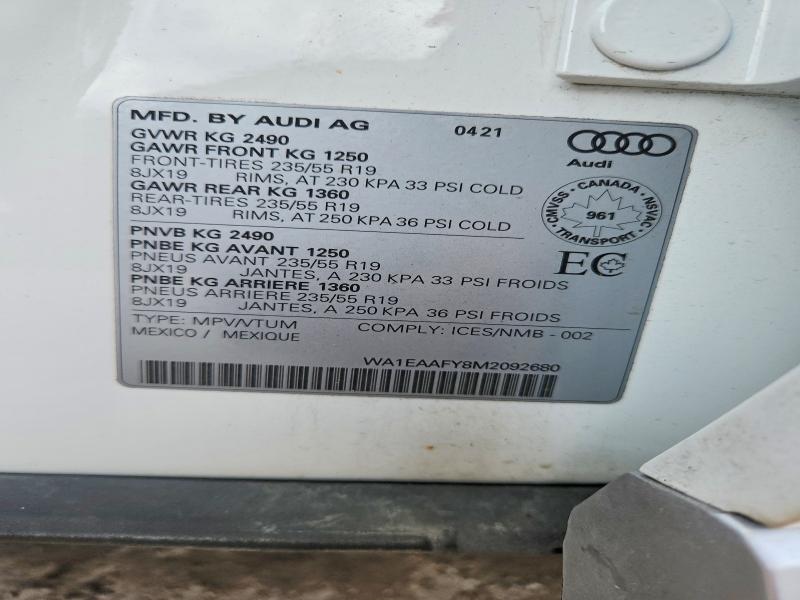 Aukcja sprzedaży 2021 Audi Q5, vin: WA1EAAFY8M2092680, numer aukcji: 65916366