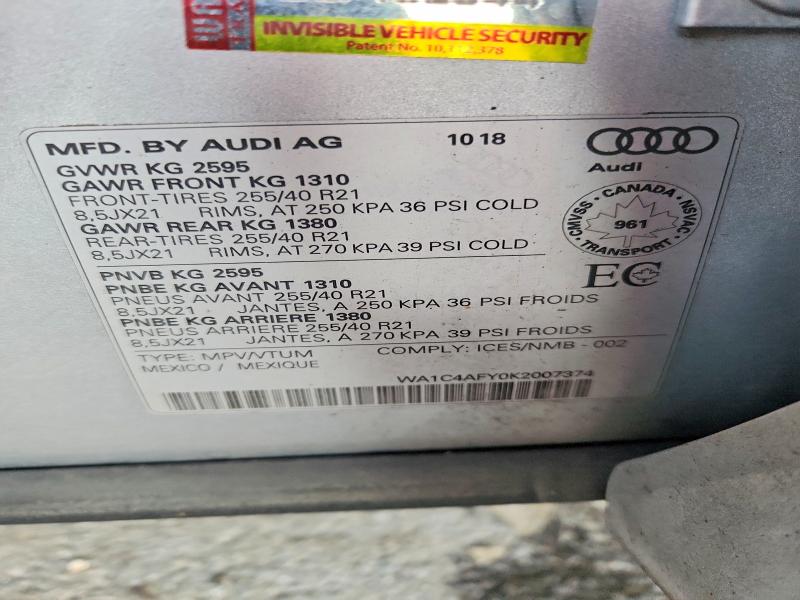 Aukcja sprzedaży 2019 Audi Sq5, vin: WA1C4AFY0K2007374, numer aukcji: 62885406