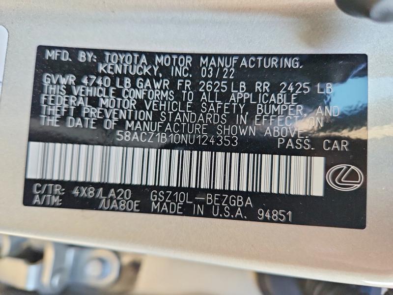 Aukcja sprzedaży 2022 Lexus Es 350, vin: 58ACZ1B10NU124353, numer aukcji: 64334216