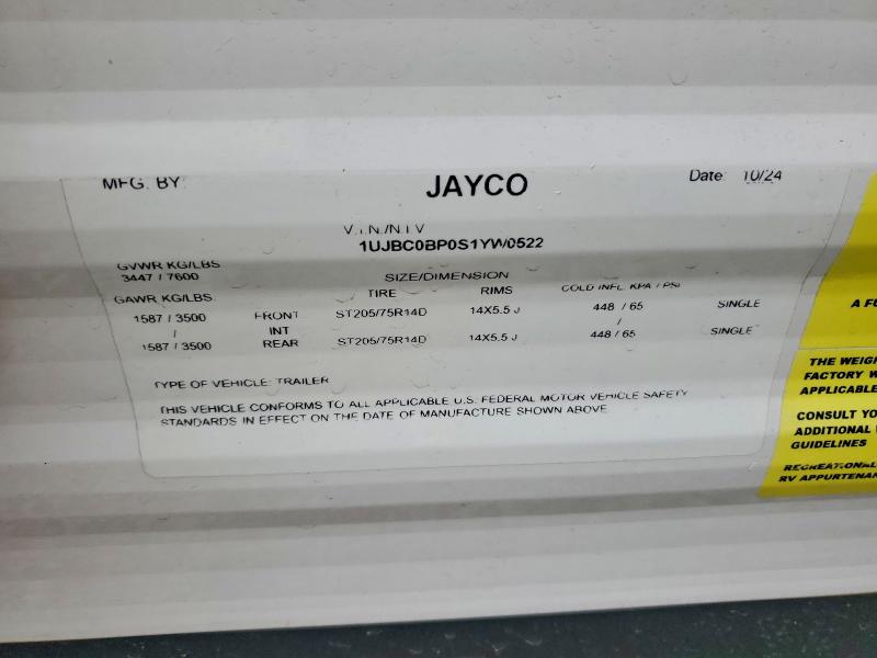 Продаж на аукціоні авто 2025 Jayco Jay Flight Slx, vin: 1UJBC0BP0S1YW0522, номер лоту: 63403296