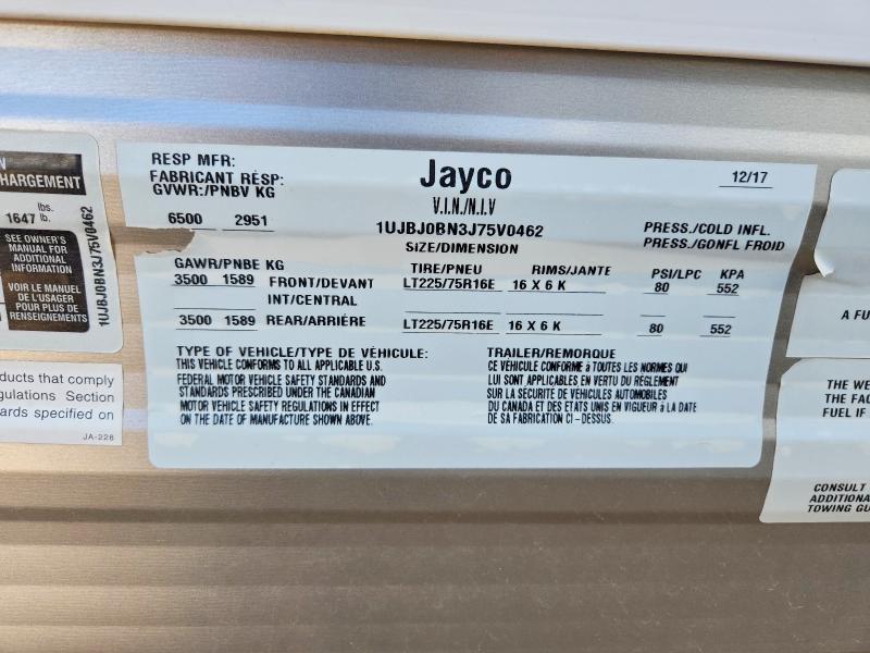 62295776 :رقم المزاد ، 1UJBJ0BN3J75V0462 vin ، 2018 Jayco Jay Flight Slx مزاد بيع