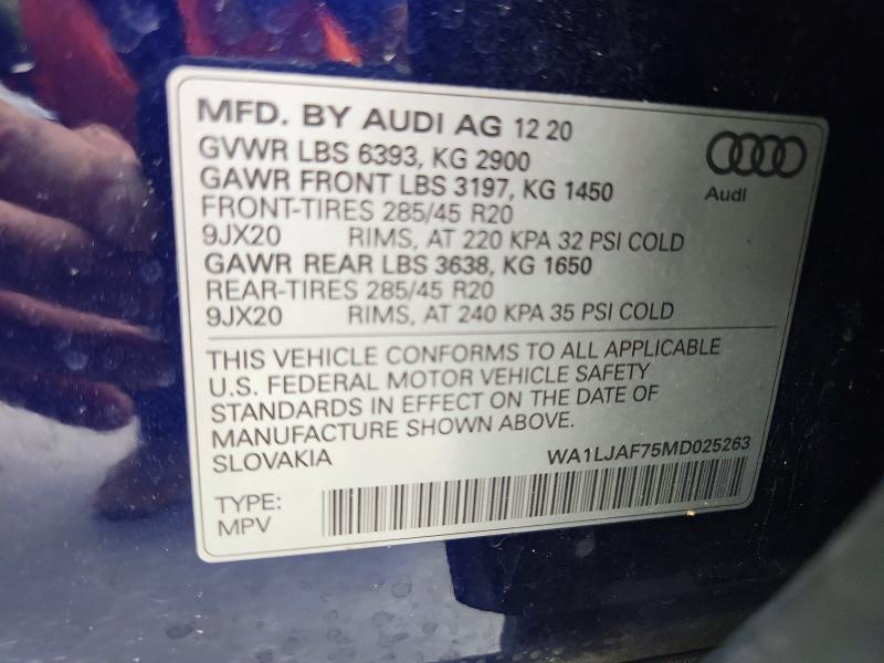 2021 Audi Q7 მანქანა იყიდება აუქციონზე, vin: WA1LJAF75MD025263, აუქციონის ნომერი: 65035586