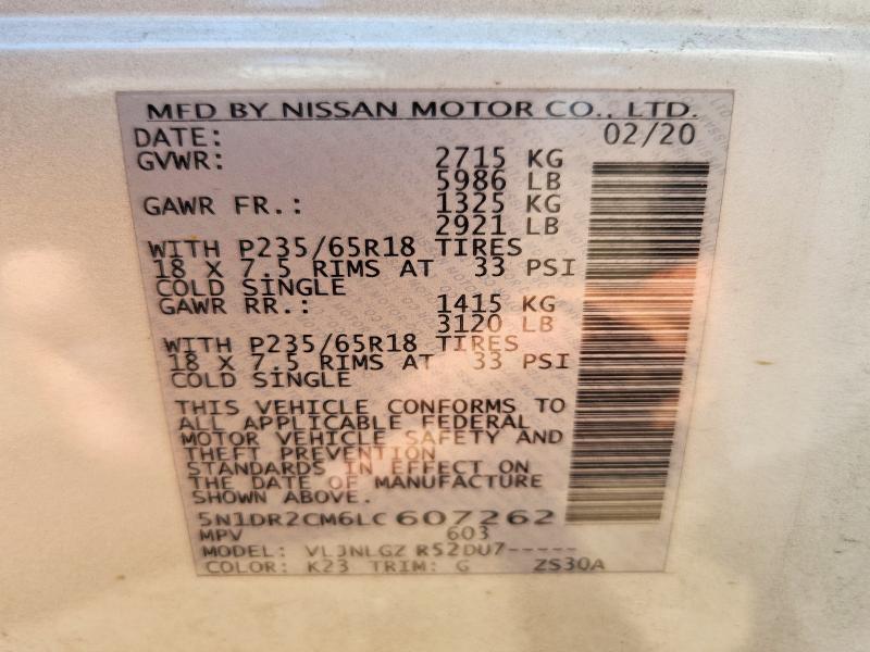 63863936 :رقم المزاد ، 5N1DR2CM6LC607262 vin ، 2020 Nissan Pathfinder مزاد بيع