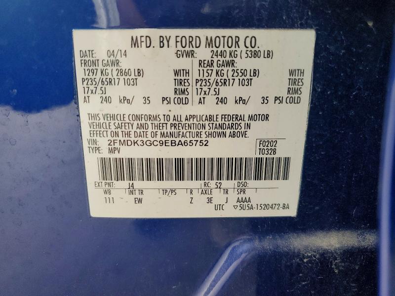64202026 :رقم المزاد ، 2FMDK3GC9EBA65752 vin ، 2014 Ford Edge مزاد بيع