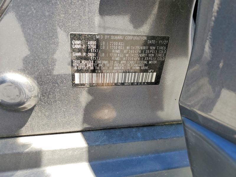 2022 Subaru Outback მანქანა იყიდება აუქციონზე, vin: 4S4BTADC3N3170185, აუქციონის ნომერი: 64698466