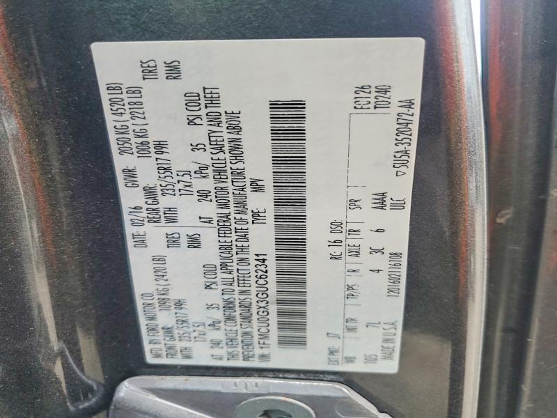 64080746 :رقم المزاد ، 1FMCU0GX3GUC62341 vin ، 2016 Ford Escape مزاد بيع