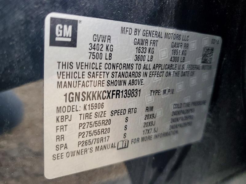 2015 Chevrolet Suburban მანქანა იყიდება აუქციონზე, vin: 1GNSKKKCXFR139831, აუქციონის ნომერი: 65292726