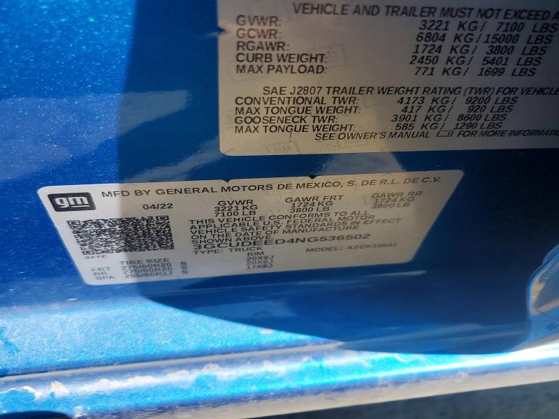 Продажа на аукционе авто 2022 Chevrolet Silverado, vin: 3GCUDEED4NG536502, номер лота: 63002866