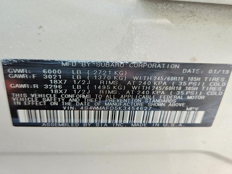2019 Subaru Ascent მანქანა იყიდება აუქციონზე, vin: 4S4WMAFD5K3454627, აუქციონის ნომერი: 65302816