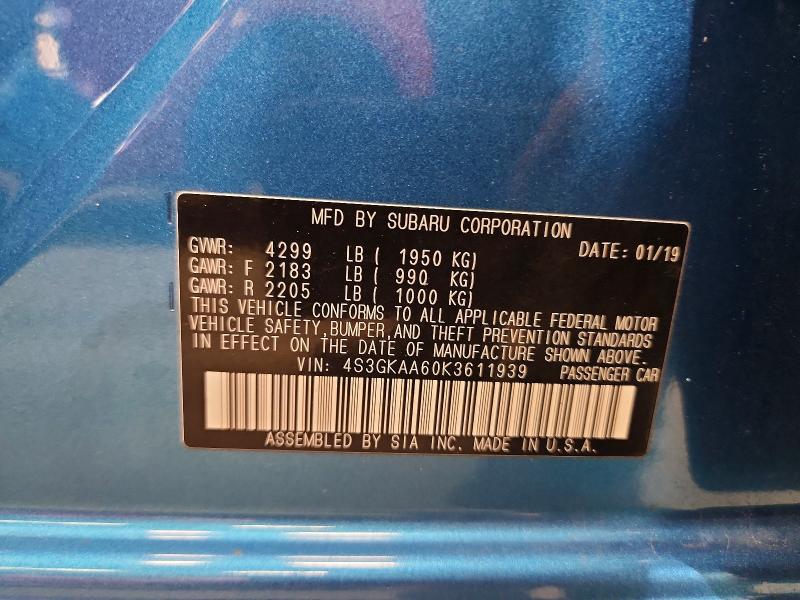 65048306 :رقم المزاد ، 4S3GKAA60K3611939 vin ، 2019 Subaru Imprez مزاد بيع