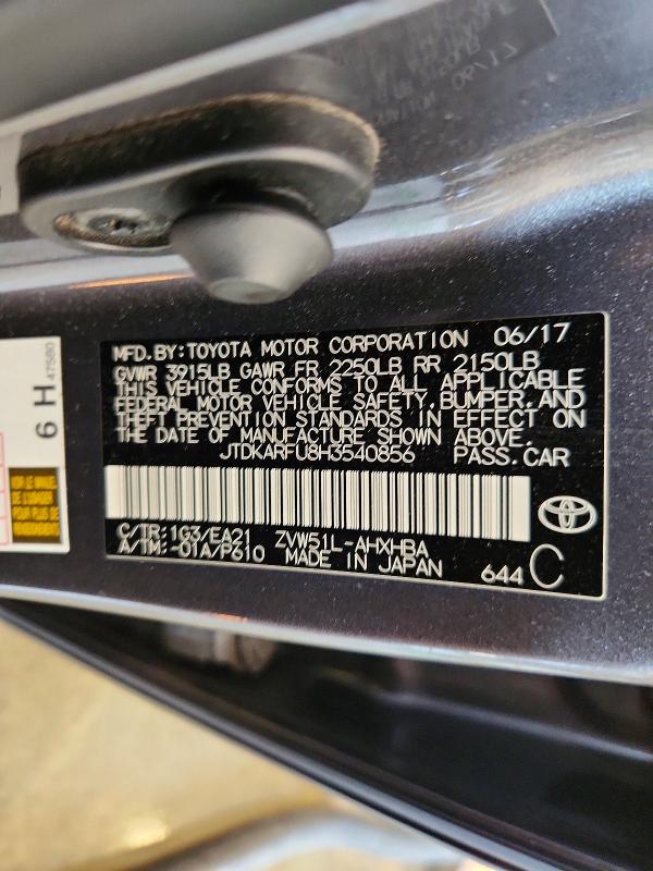 66039616 :رقم المزاد ، JTDKARFU8H3540856 vin ، 2017 Toyota Prius مزاد بيع