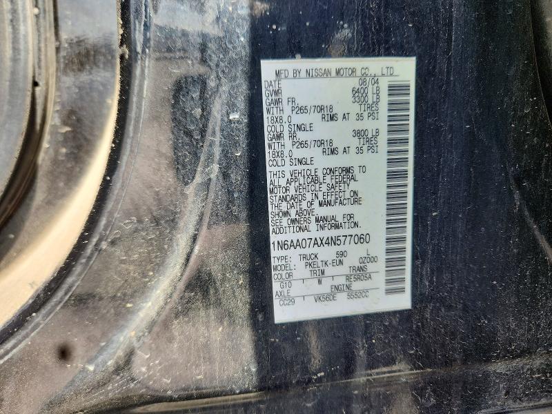 2004 Nissan Titan მანქანა იყიდება აუქციონზე, vin: 1N6AA07AX4N577060, აუქციონის ნომერი: 64672836