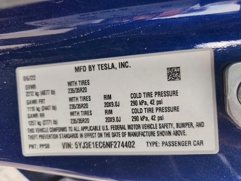 2022 Tesla Model 3 მანქანა იყიდება აუქციონზე, vin: 5YJ3E1EC6NF274402, აუქციონის ნომერი: 63018676