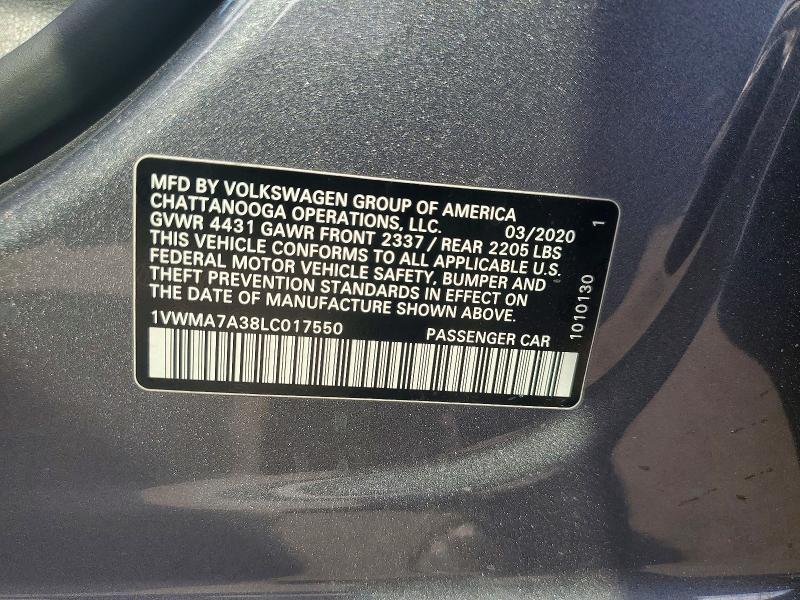 67193526 :رقم المزاد ، 1VWMA7A38LC017550 vin ، 2020 Volkswagen Passat مزاد بيع