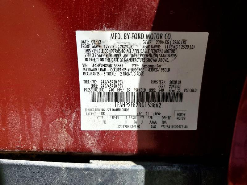2013 Ford Taurus მანქანა იყიდება აუქციონზე, vin: 1FAHP2F82DG153862, აუქციონის ნომერი: 65526666