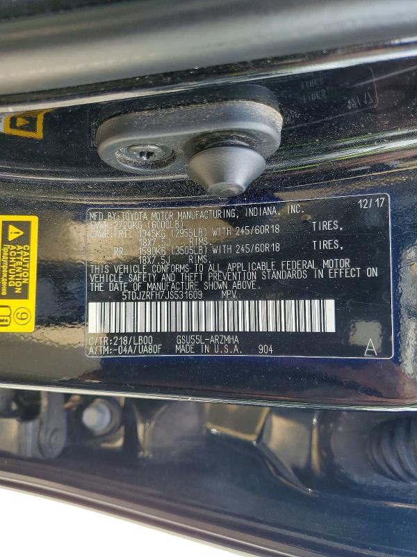 2018 Toyota Highlander მანქანა იყიდება აუქციონზე, vin: 5TDJZRFH7JS531609, აუქციონის ნომერი: 63852386