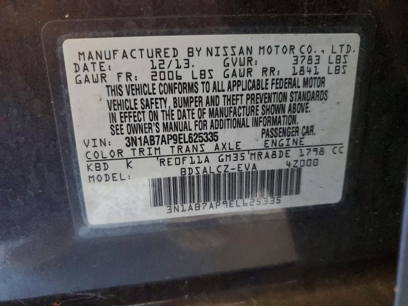 2014 Nissan Sentra მანქანა იყიდება აუქციონზე, vin: 3N1AB7AP9EL625335, აუქციონის ნომერი: 65852076