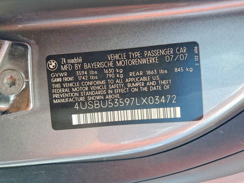 65604456 :رقم المزاد ، 4USBU53597LX03472 vin ، 2007 Bmw Z4 مزاد بيع