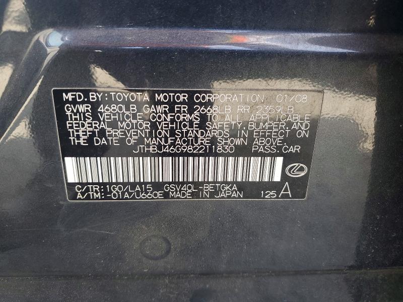 Aukcja sprzedaży 2008 Lexus Es, vin: JTHBJ46G982211830, numer aukcji: 65557676